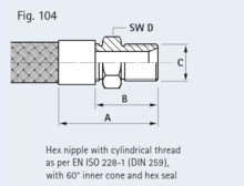 Hex nipple with cylindrical thread  as per EN ISO 228-1 (DIN 259),  with 60° inner cone and hex seal